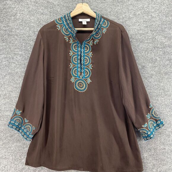 Dressbarn Blouse Women 1X Plus Brown V-Neck Geometric V-Neck Long Sleeve Lined - Picture 3 of 9